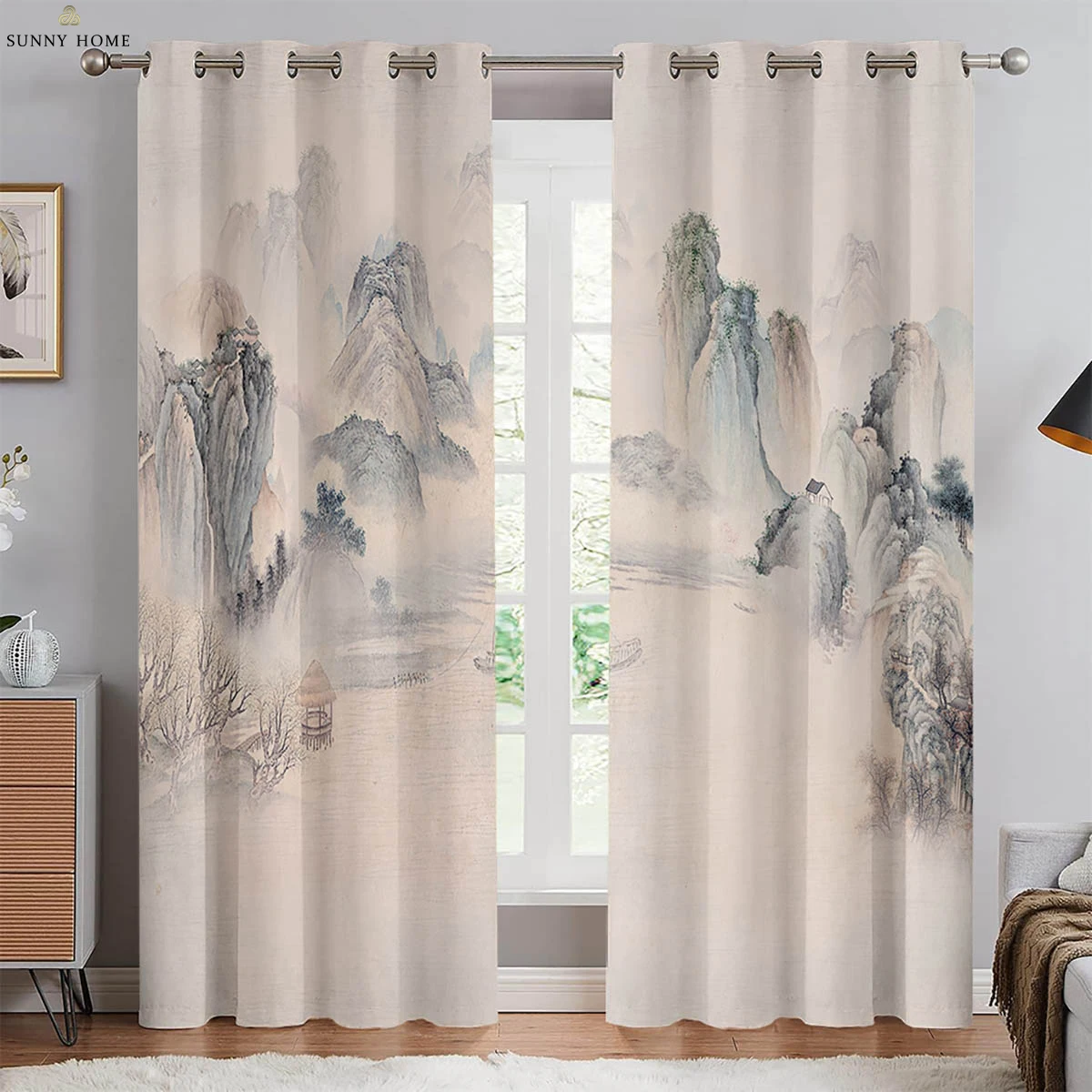 

2-Piece Set Of Ink Landscape Print Curtains Chinese Classical Style Bedroom Living Room Study Window Decoration Curtains