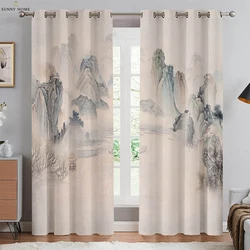 2-Piece Set Of Ink Landscape Print Curtains Chinese Classical Style Bedroom Living Room Study Window Decoration Curtains