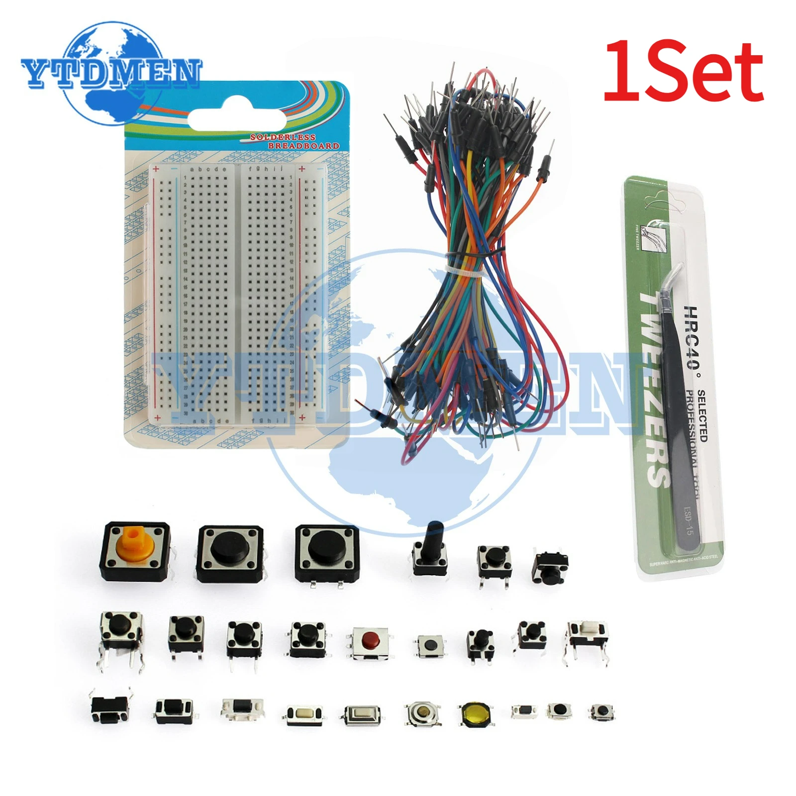 1Set Micro Switch Kit Breadboard 400 Points Solderless PCB Bread Board Jumper Wire Prototype Board DIY with Tweezer, for Arduino