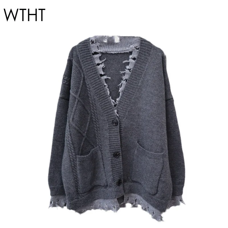 WTHT Trendy Control Color Splic Hole Plush Edge Fake Two-piece Knit Cardigan Fowl Women 2024 Autumn V-neck Sweater Female 1LS310