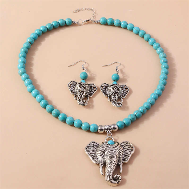 

Bohemian Turquoise Elephant Necklace Earrings Set for Women Girls Party Holiday Jewelry Accessories