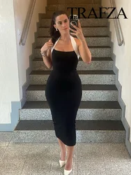 TRAFZA Women Summer Fashion Dresses Black Hanging Neck Collar Sleeveless Backless Decorate Zipper Female Sexy Knit Midi Dress