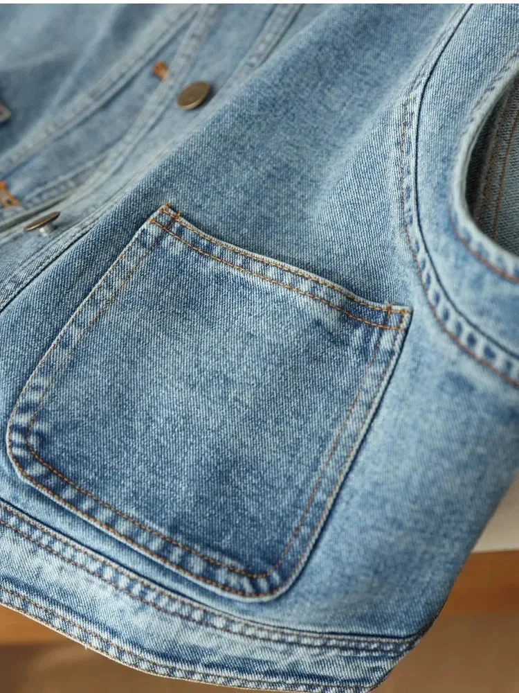 سترة جينز عصرية متعددة الاستخدامات للنساء لربيع وخريف نمط جديد فضفاض قصير بدون أكمام معطف غير رسمي سترة واحدة الصدر #5