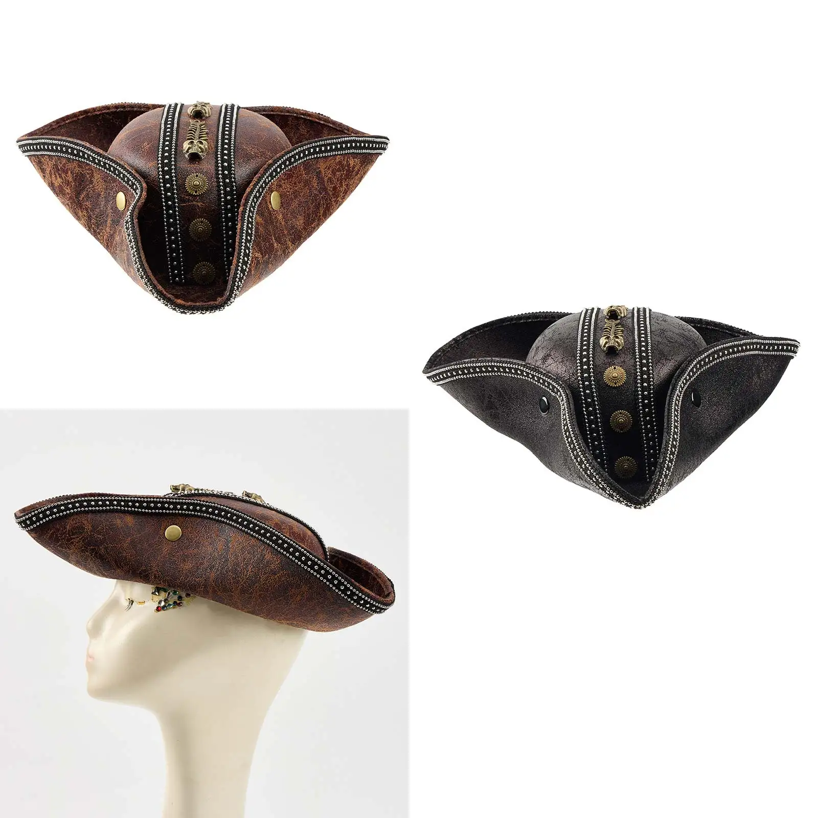 

Masquerade Faux Leather Pirate Hat Vintage Skull Captain Hat Colonials Tricorn Hat for Men Women Halloween Cosplay Accessories