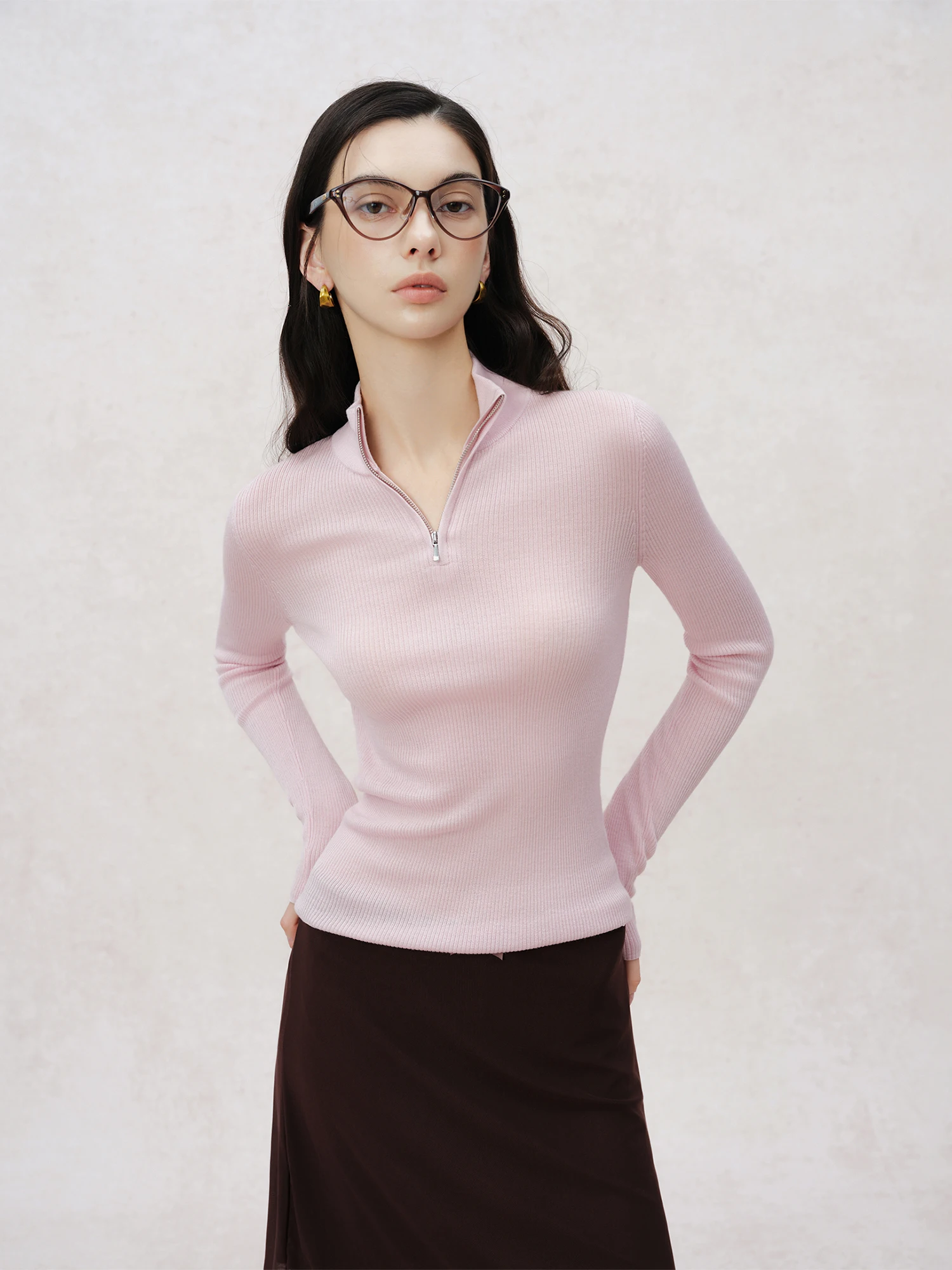 ZIQIAO 100% Merino Wool Women Half Zip Sweater Long Sleeve Slim Fit Knitted Pullover Elegant Warm Winter Base Layer Top