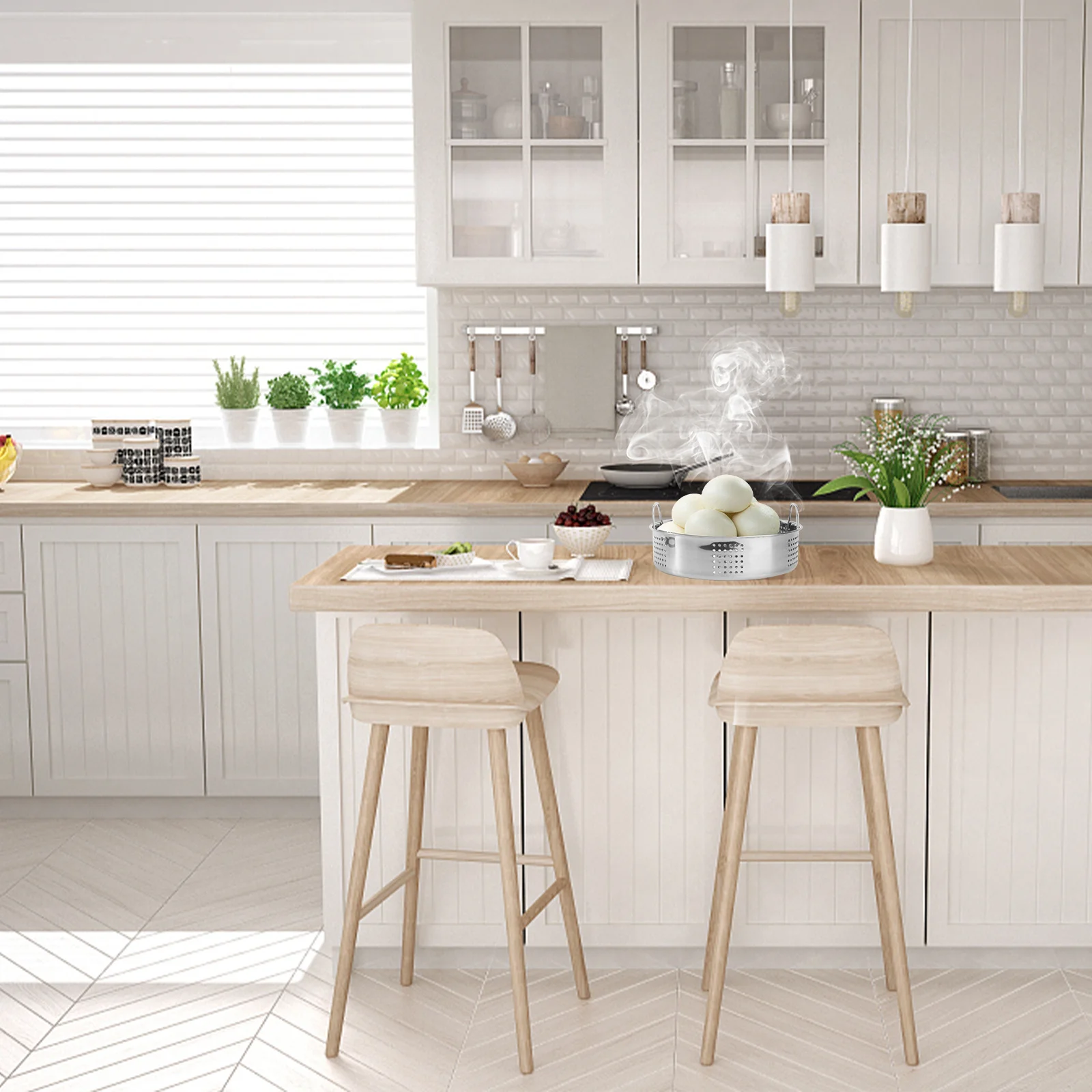 

23Cm Stainless Steel Steamer Grid Thickened Dual Handle For Dumplings Buns Kitchen Cookware Food Steamer Basket