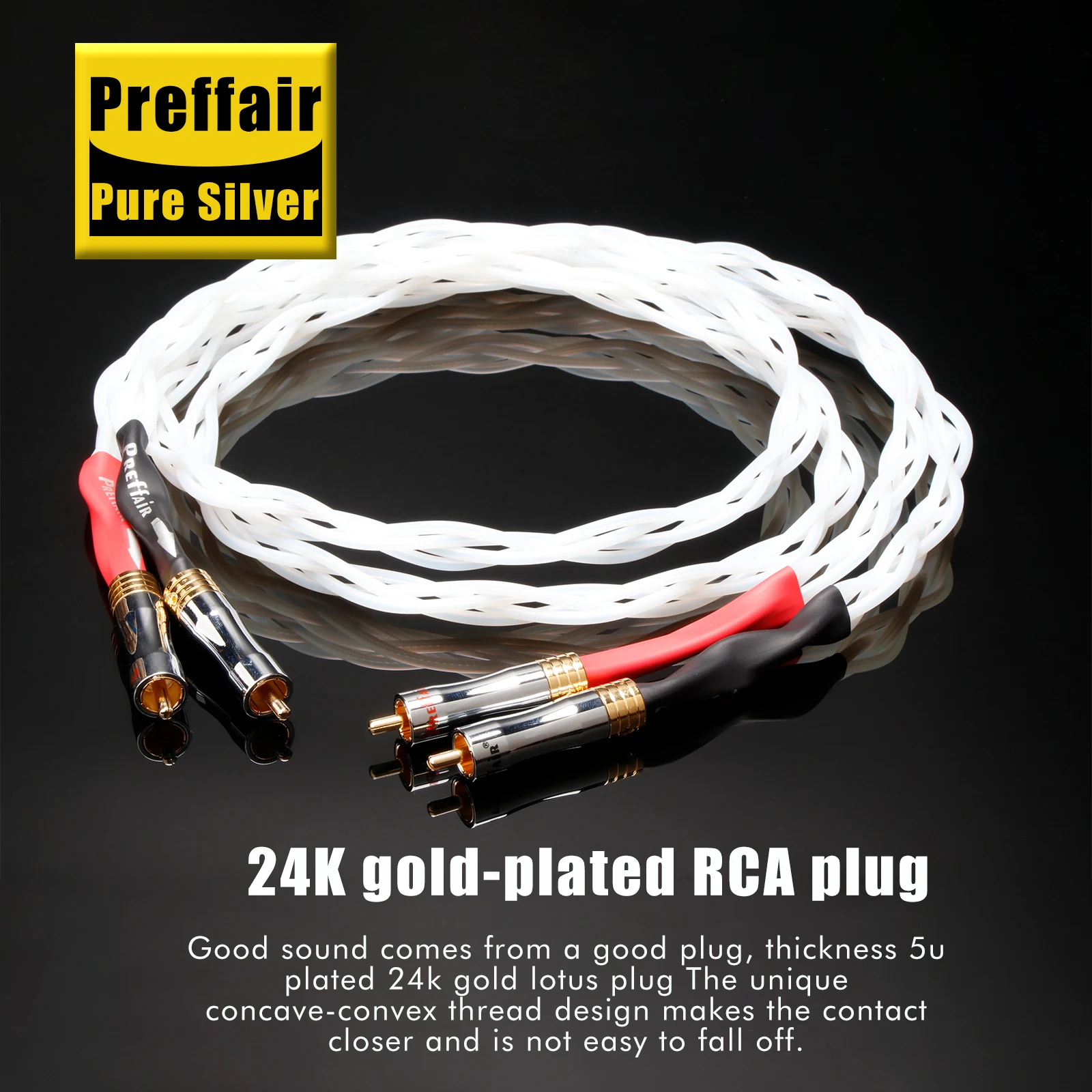Preffair Pure Silver RCA Cable 4Core Twisted Signal Wire Hi end PTFE Shielded  Audio Cable with 24K Gold Plated RCA Lotus Plug