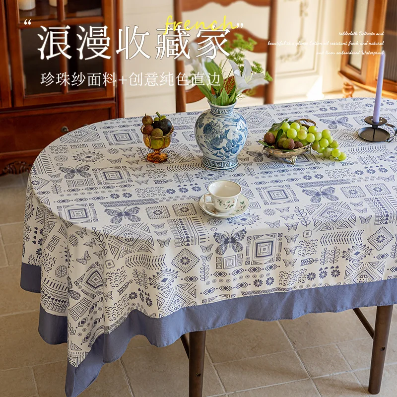 Retro England Blue Butterfly and Bamboo Tablecloth Pearl Gauze Table Cloth Rectangular Christmas Table Cloth Cover for Banquet