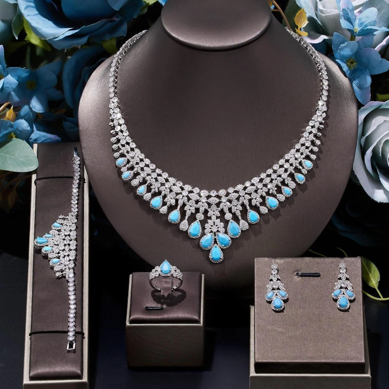 

Luxury Turquoise Dubai Nigeria Bridal Wedding Jewelry Set 4 Pieces Cubic Zircon Necklace Bracelet Earrings Ring Accessories