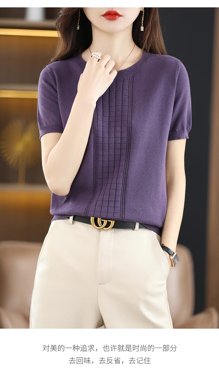 Women's T-Shirt Summer New 100% Cotton Pullover Short Sleeve Casual Solid Color Knit Crew Neck Ladies Tops Tees Blouse