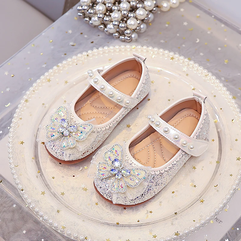 Mumoresip Girls Leather Shoes Sweet Butterfly Round Toes Kids Flat Shoes Soft Bottom 2026 Brand New Children Princess Shoes