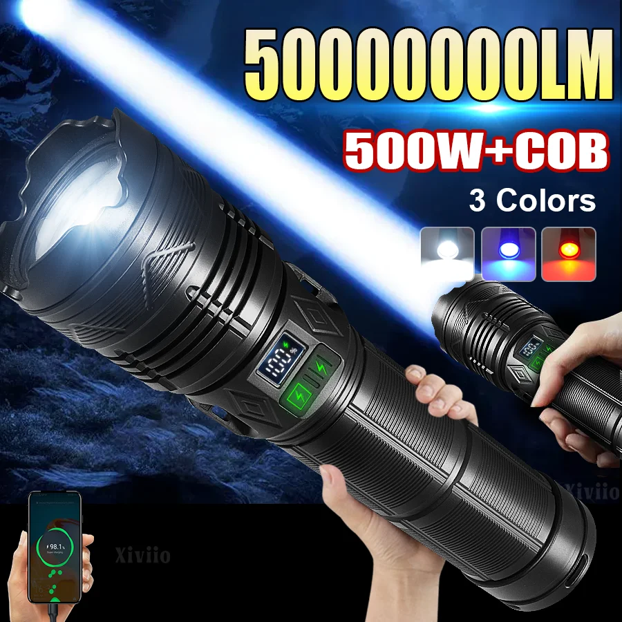 

500 Вт + COB Супер большой фонарик USB аккумуляторная лампа Самый мощный светодиодный фонарик дальнего действия Открытый цифровой дисплей мощности