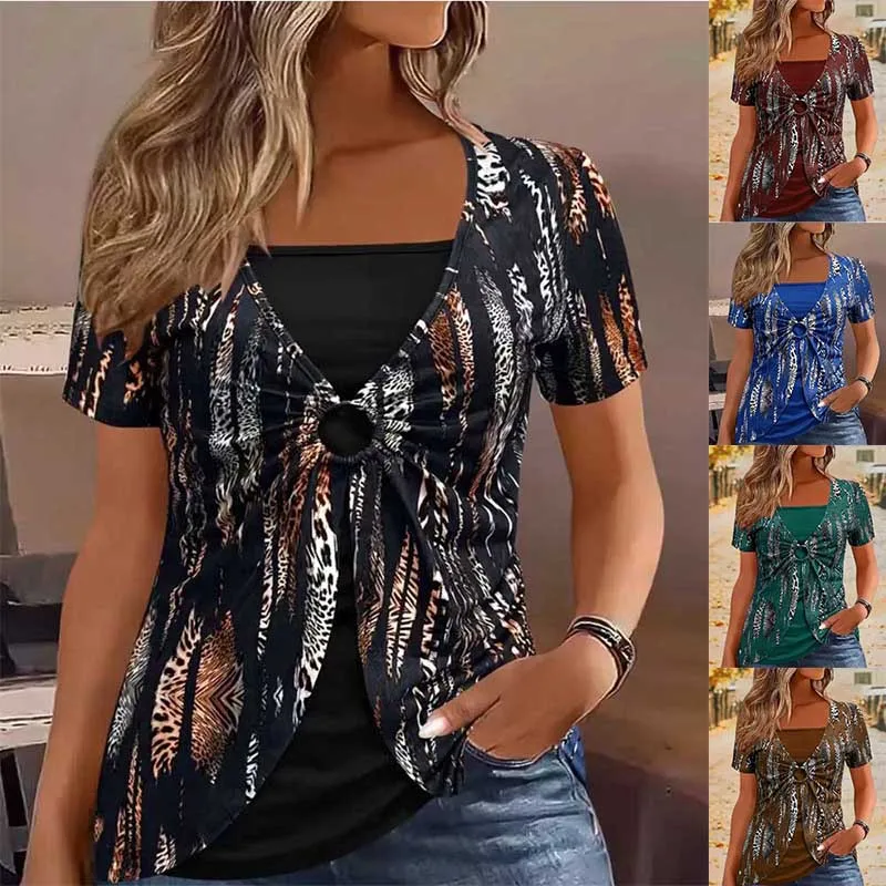 2026 New Women's Short-sleeved T-shirt Fake Two-piece V-neck Fashion Ethnic Printed Top Casual Tees for Female