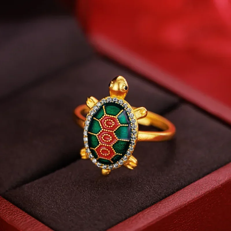 9999 Real Gold 24K Cute Dot Diamond Enamel Turtle Ring Necklace Rich World Turtle Pendant Ring