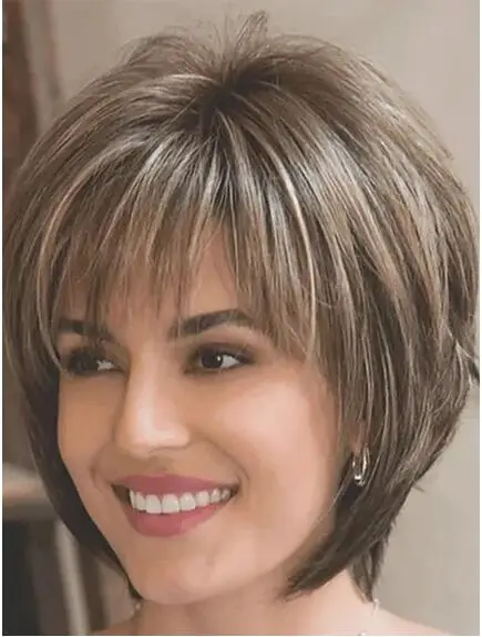 Synthetic Hair Short Curly Brown Mixed Blonde Highlight Wigs with Bangs for White Women