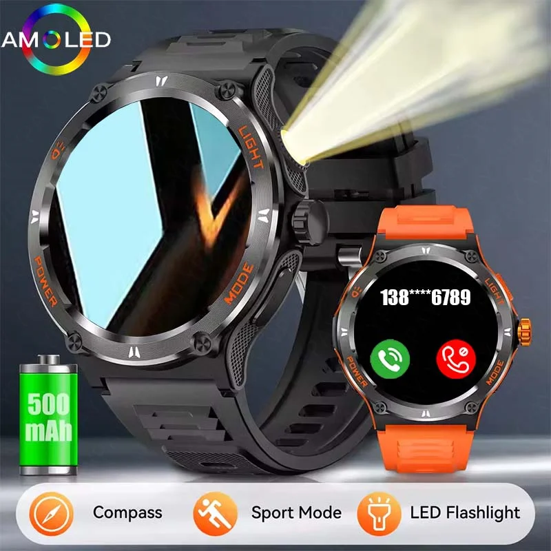 

2025 New Outdoor Military LED Light Men Smart Watch Bluetooth Call 3ATM Bluetooth Sports Fitness Track 500Mah Compass SmartWatch