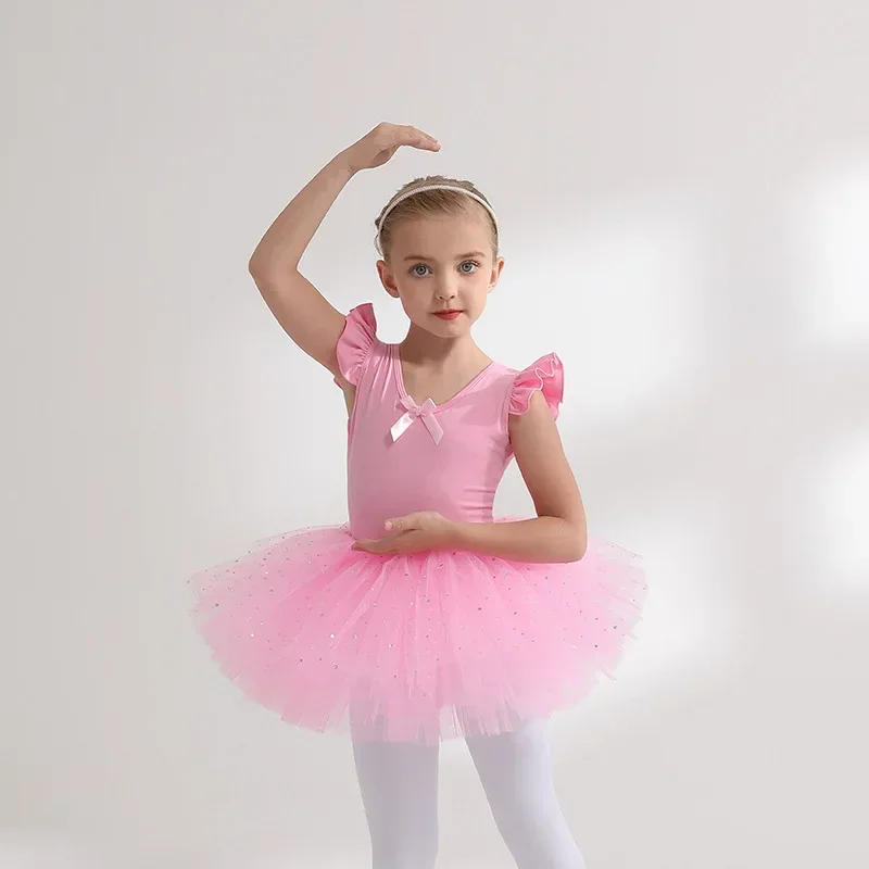 Ballet Dress Gymnastics Leotards for Girls Kids Puff Sleeve Ballet Dancewear Chiffon Tutu Skirts Kids Bowknot Dance Leotards