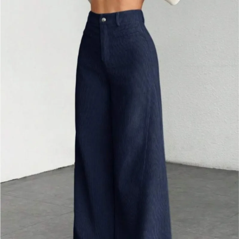 가을 겨울 하이웨이스트 와이드 레그 팬츠 여성 캐주얼 루즈 팬탈로네스 패션 다용도 얇은 단색 와이드 레그 바지