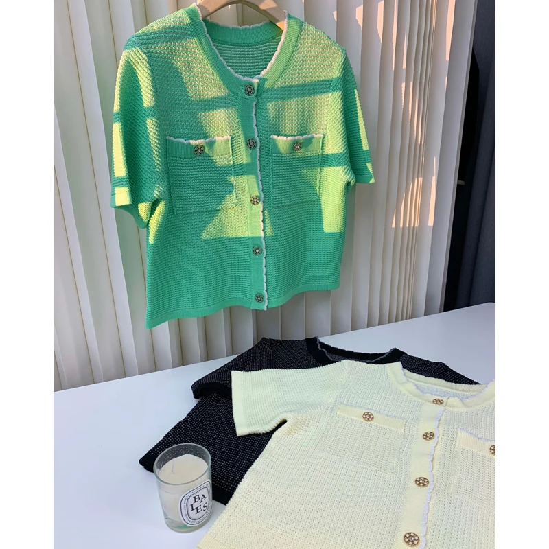 

Ele MICOAT Вязаный ор Sve круглый открытый кардиган женский Faion Лето-Осенний цвет Blo Wave Design Strai...