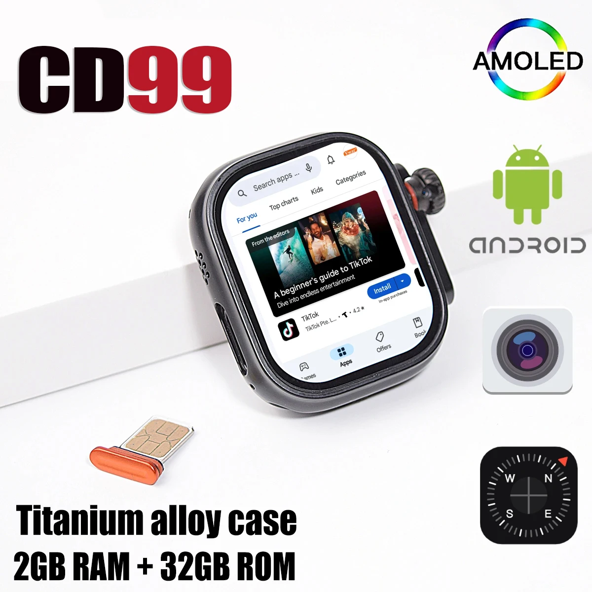 Original CD99 S16 Smart Watch 800W Rotating Camera AMOLED Screen GPS WIFI Support 4G SIM Card 128GB Momery Android Smartwatch