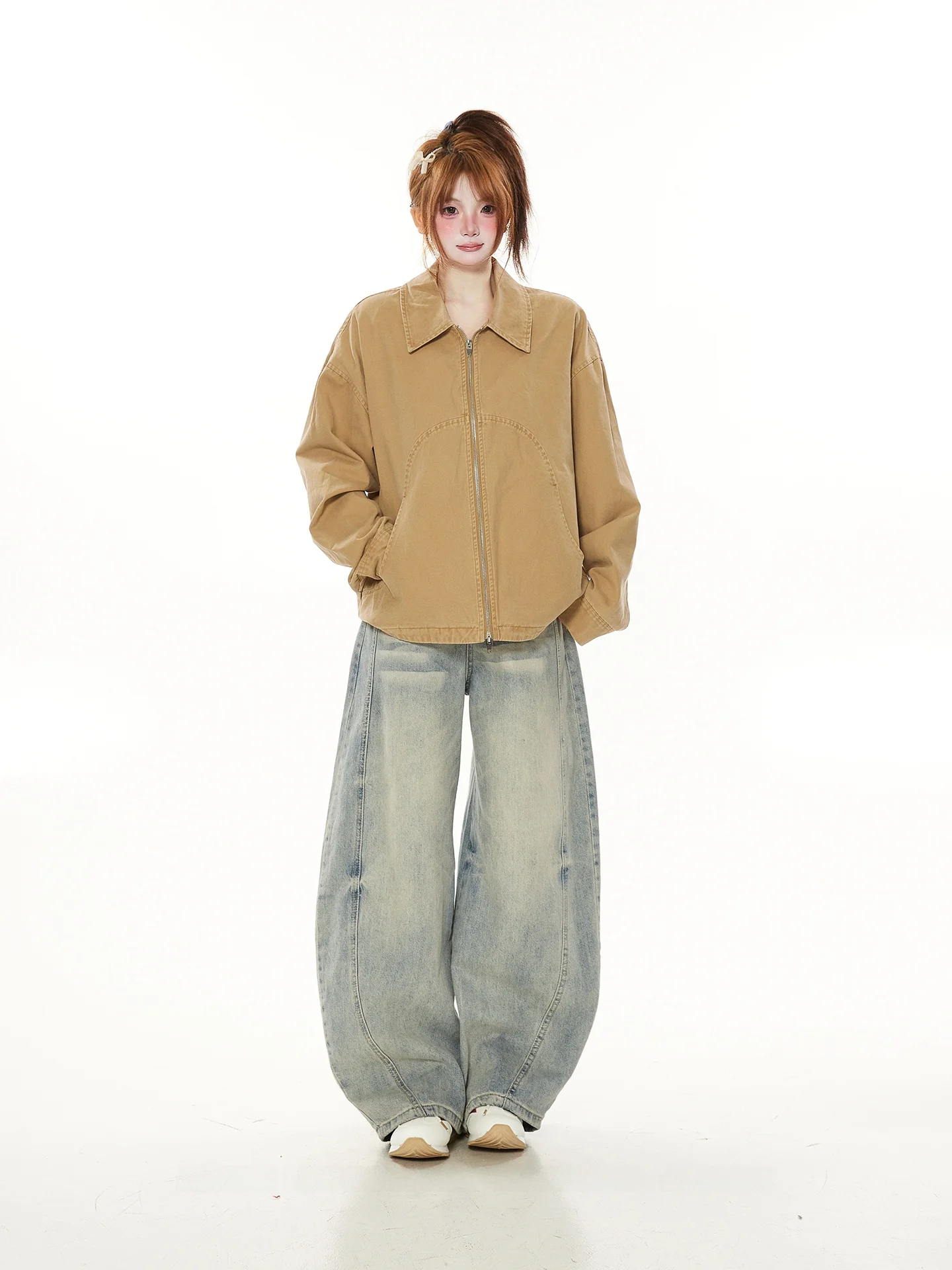 

Повседневная свободная женская куртка с воротником, весна-осень, премиум-класс, рабочая одежда, прямой крой, хлопок/полиэстер, длинный рукав