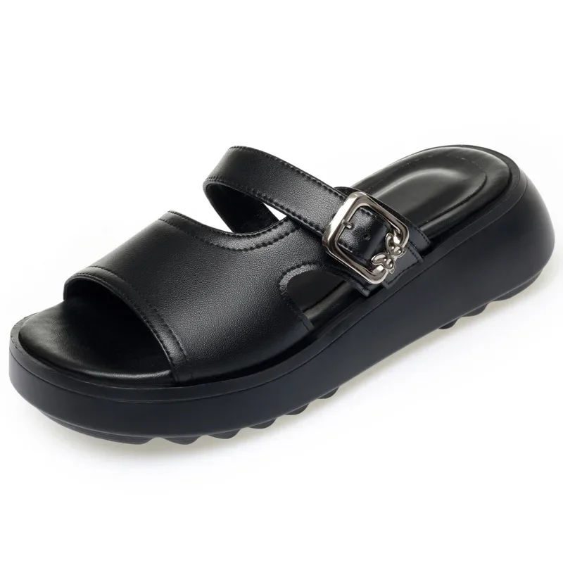 

5 см, большие размеры 35–42, дышащая удобная обувь на плоской платформе, летние тапочки, лето 202, кожаные шлепанцы на среднем каблуке для офиса для мамы