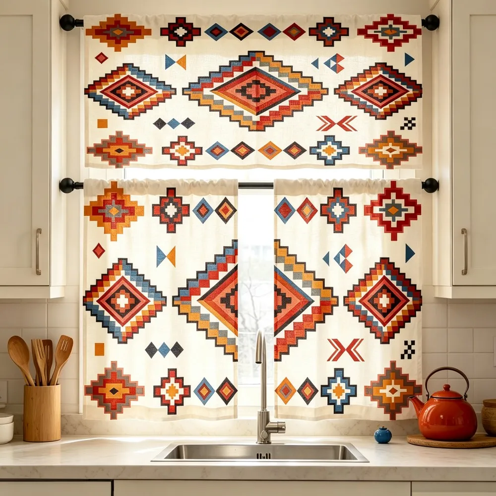 Boho Kitchen Curtains, Aztec Geometric Diamond Colorful, Digital Print, Kitchen Dining Room, Rod Pocket Polyester, Home Decor