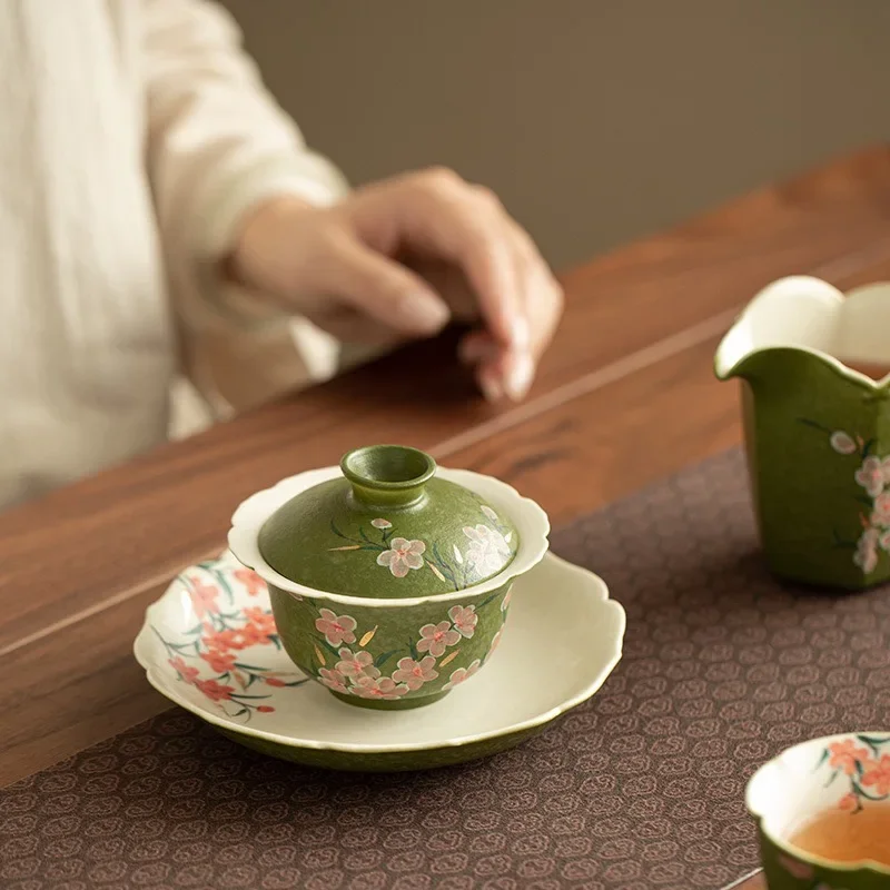Rock Mine White Pure Hand Painted Matcha Green Pile White Red Peach Blossom Painted Gold Xiyan Gai Bowl Kung Fu Tea Bowl Teapot