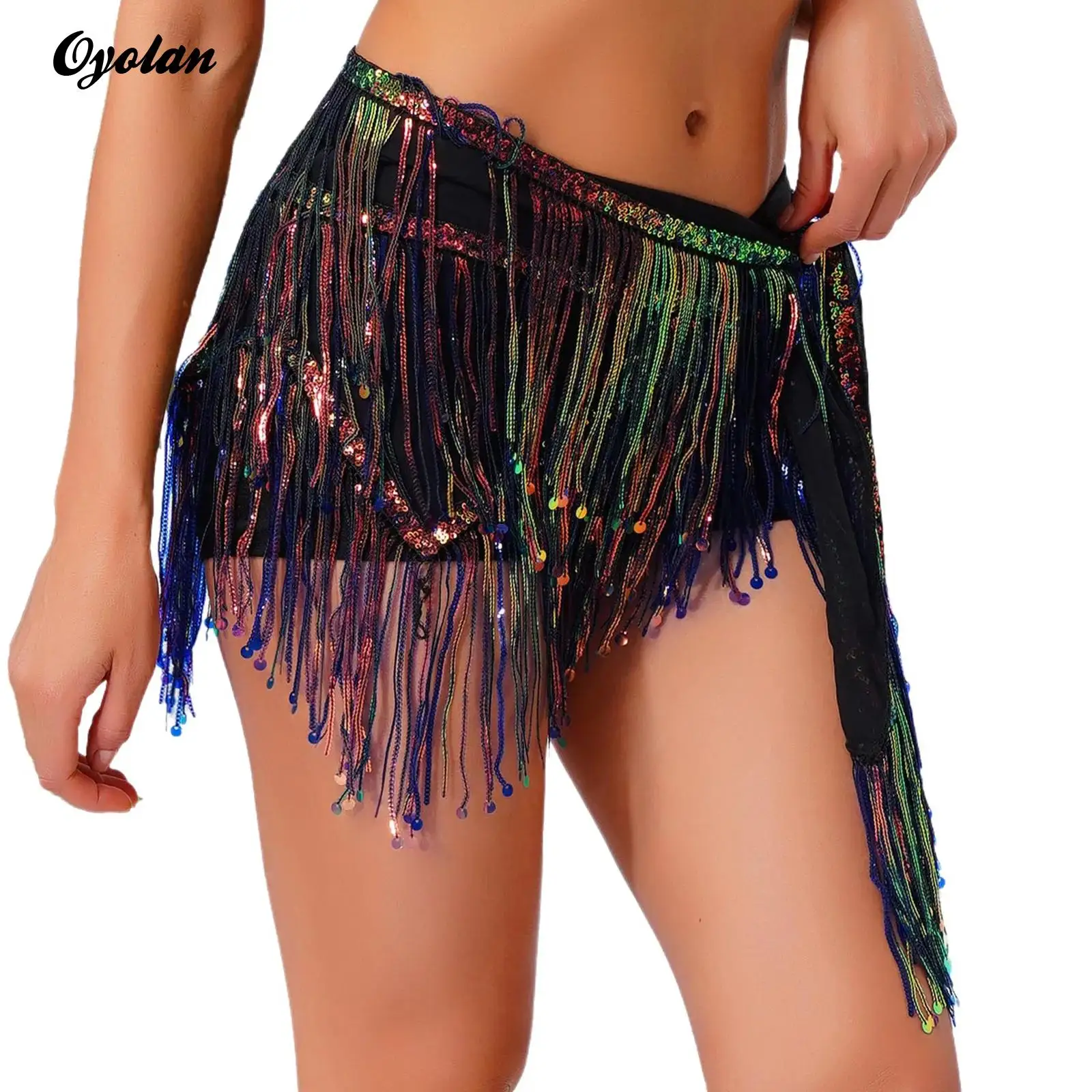 Womens Volksdans Latin Dans Kostuums Glittery Pailletten Buikdans Hippe Sjaal Glanzende Kwastje Fringe Lace-up Taille Keten rok