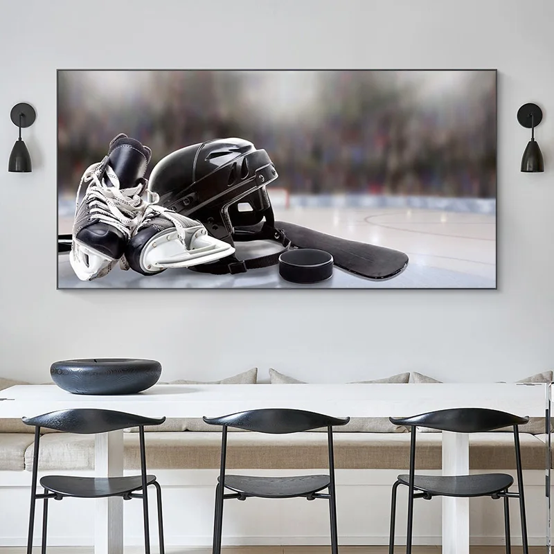 Hockey Helmet Skates Stick and Puck on Ice Posters Wall Art Pictures for Living Room Canvas Painting Modern Home Decor No Frame