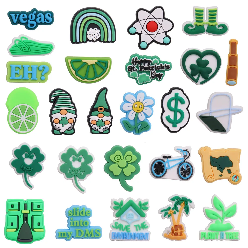 

26Pcs Happy St. Patrick's Day Green Series PVC Shoes Button Charms Ornaments Lucky Flower DIY Adult Backpack Sandals