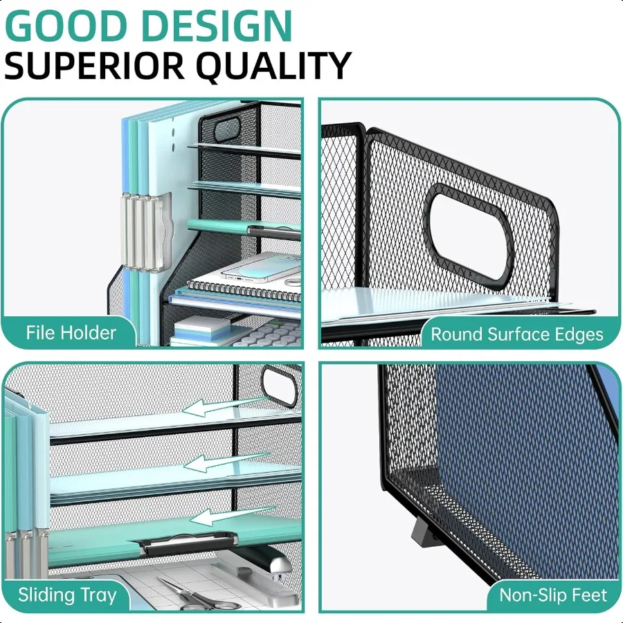 منظم مكتب سهل مع حامل ملفات، صينية حروف ورقية شبكية مكونة من 5 طبقات مع حامل مجلات ومنظم سطح المكتب والتخزين للمكتب أ