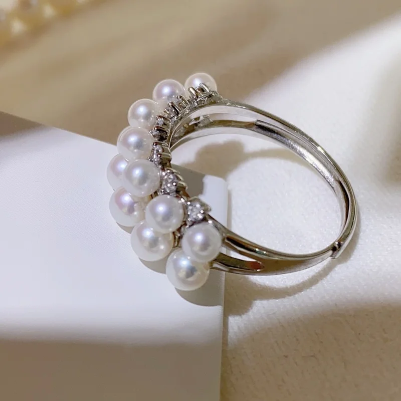 

SGARIT Fine Jewelry 925 Sterling Silver Ring 3-4mm Aurora Natural Pearl Ring for Anniversary Gift