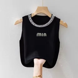 Korea Knitted Vests Women Top Solid Tank Blusas Mujer De Moda Summer New Fashion Female Sleeveless Beading Casual Thin Tops