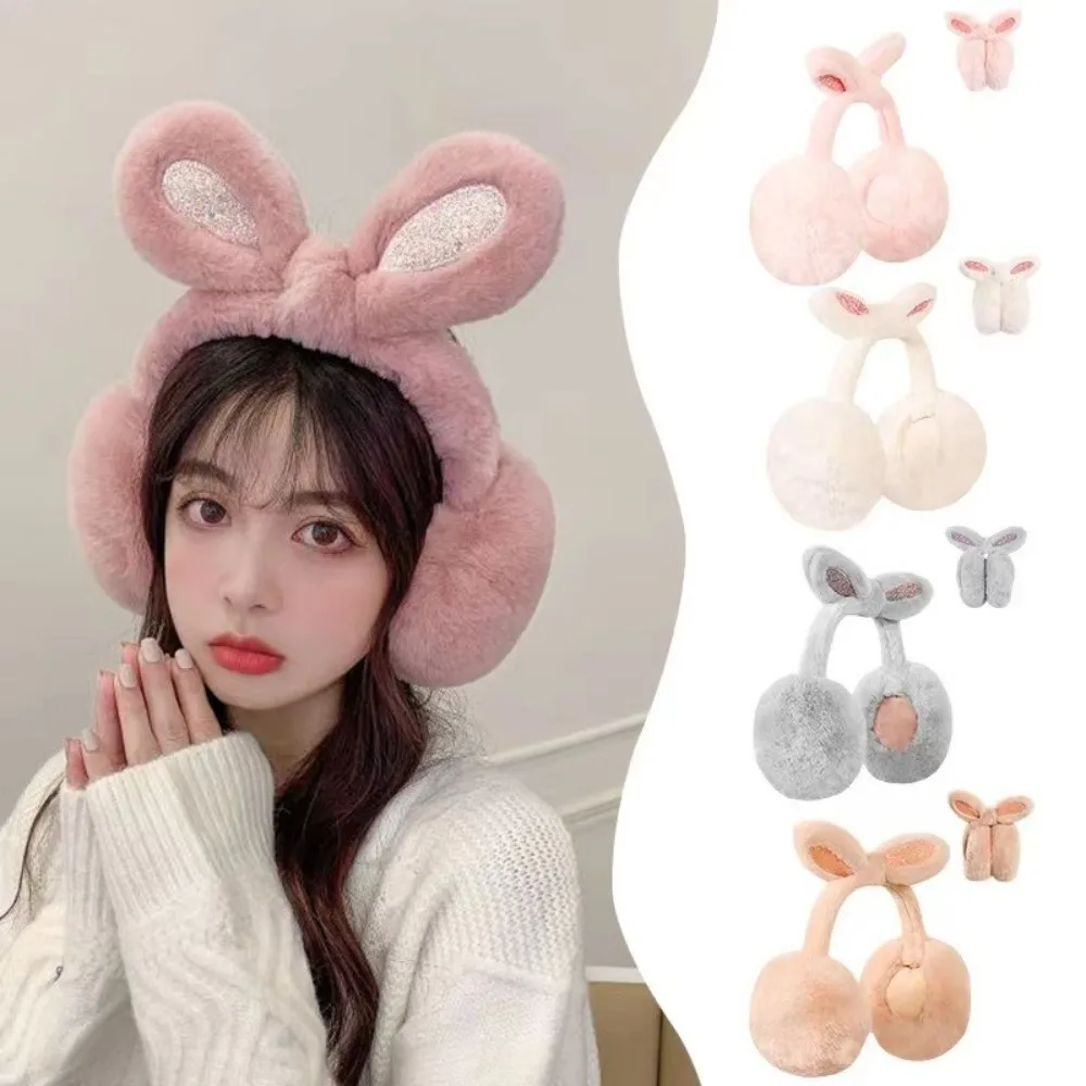 ที่ปิดหูขนปุยน่ารัก แต่งเลื่อม รูปหูกระต่าย ป้องกันความหนาว หนาพิเศษ พับเก็บได้ เก็บความร้อน สำหรับผู้หญิงและเด็กผู้หญิง