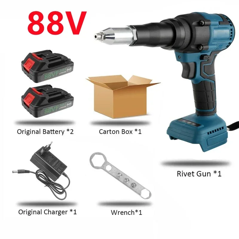 88VF Brushess Electric Rivet Gun Cordless Rivet Nut Gun 3.2-4.8mm Drill Insert Automatic Riveting Tool with Light 1/2PC Battery