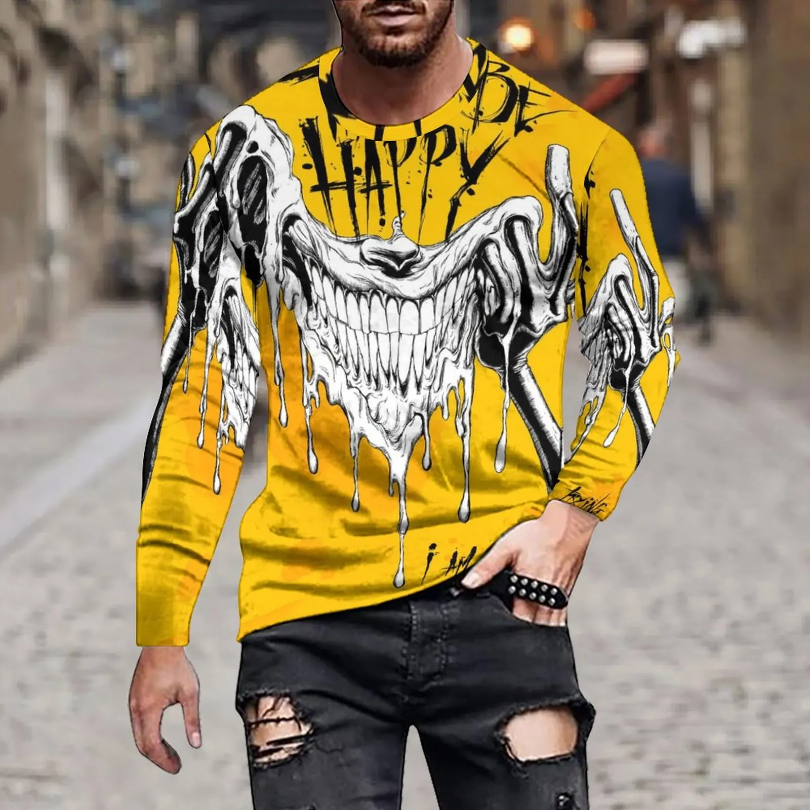 Autumn Men's/Women's Simple Abstract Anime Sense Irregular Pattern Print Loose Casual Permeable Punk Style Long Sleeve T-Shirt