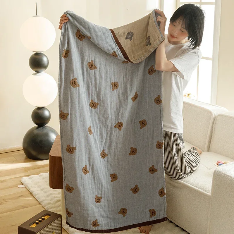 Cute Bear Printing Bath Towel for Adult Soft Absorbent Cotton Gauze Beach Blanket Bathrobe Bathroom Accessories Cartoon Towels