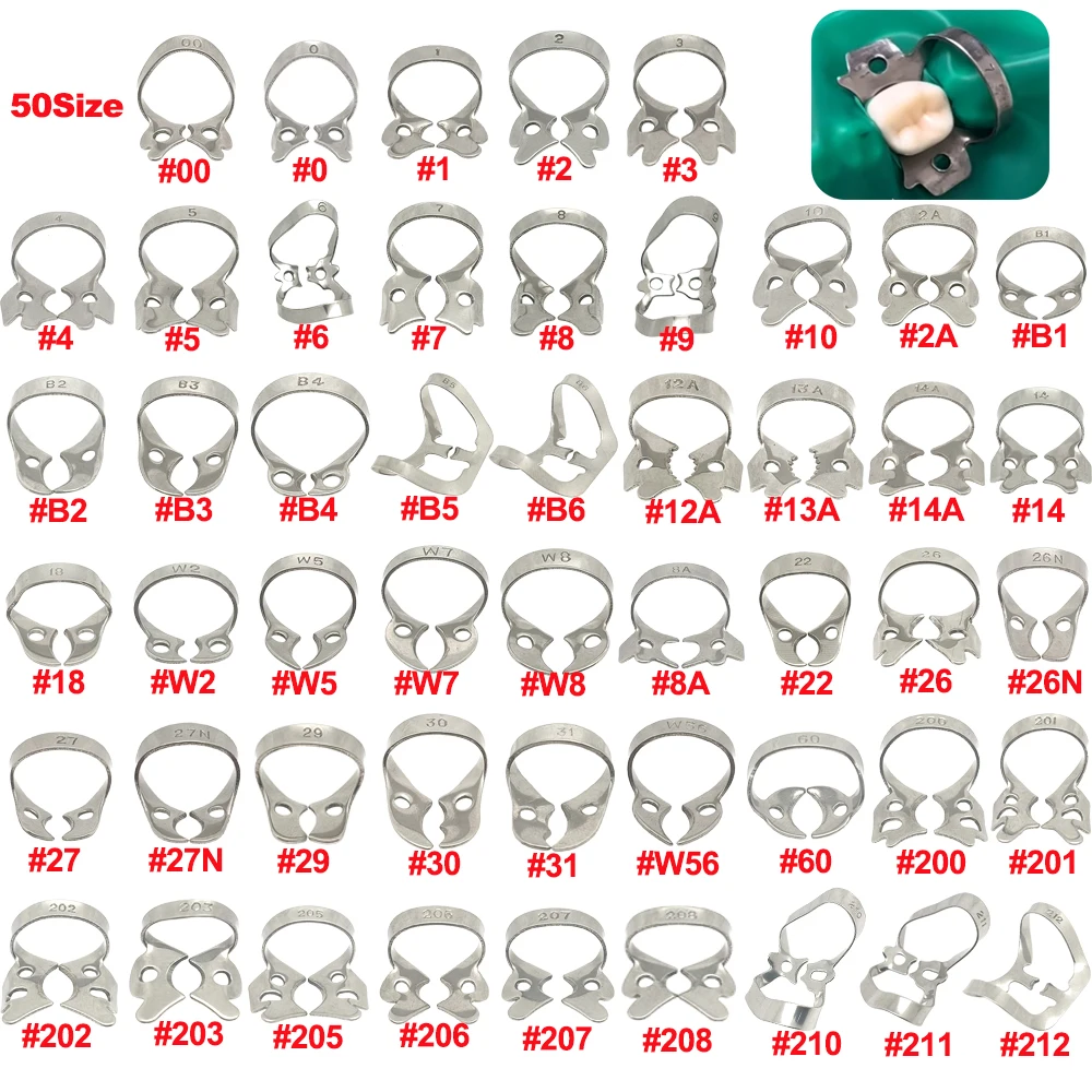 

50 Size Dental Rubber Dam Clamps Stainless Steel Endodontic Restorative Barrier Clips Dentistry Orthodontic Material