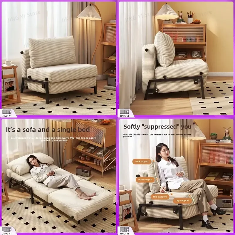 Foldable Sofa Bed Single Push Pull Convertible Living Room Study Balcony Retro Corduroy Fabric Sofa Small Apartment Space