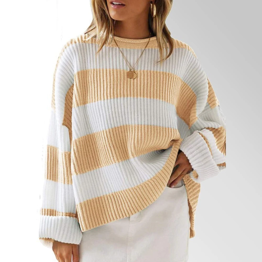 

AzaleeKa Women's Sweaters Winter Daily Basic Stripe Long Sleeve Crew Neck Loose Casual Sweaters