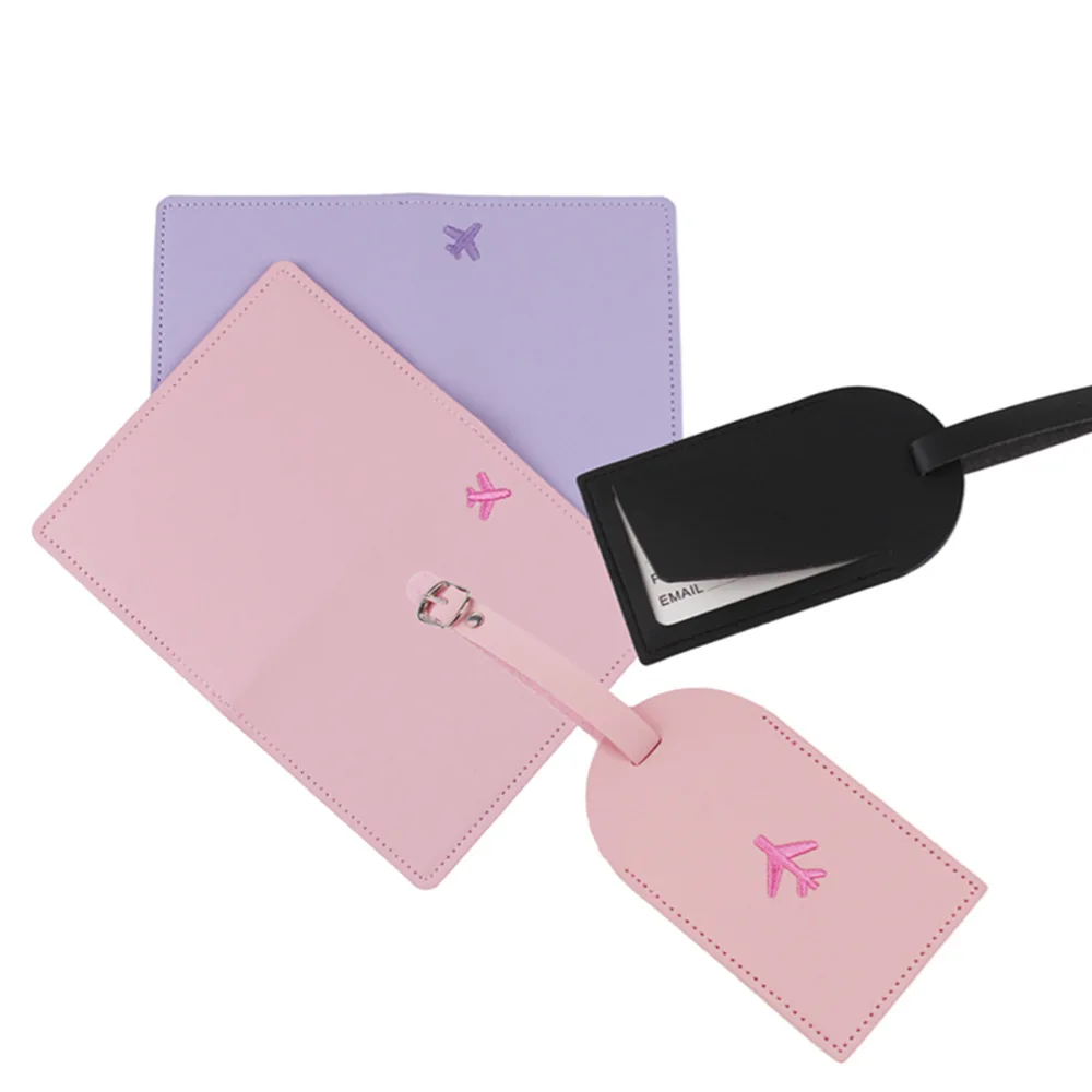 여행용 자수 여권 케이스, 여권 커버 및 수하물 태그 세트, 여성 남성용 PU 가죽 여행 액세서리