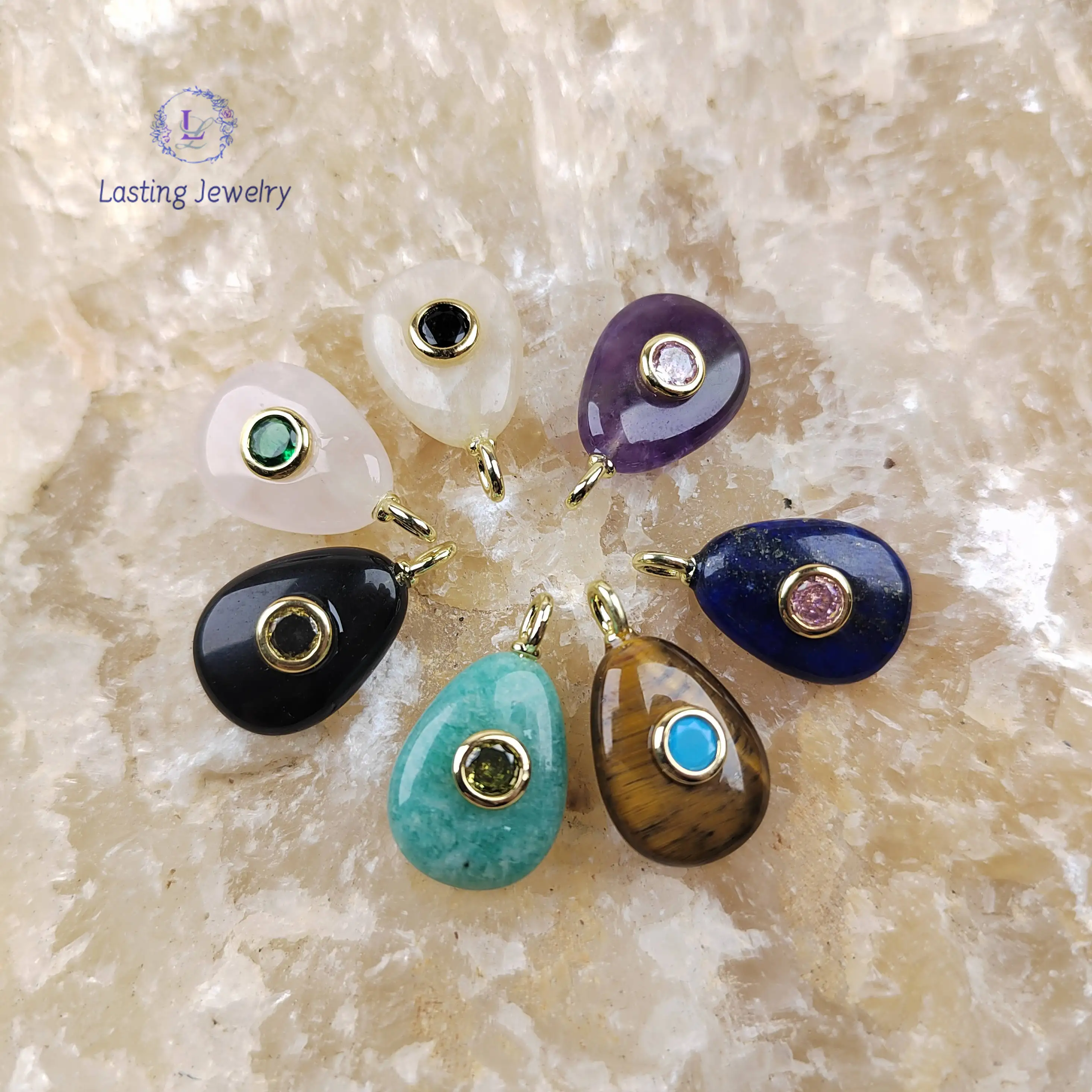 12x16mm Healing Crystal Teardrop Pendants With Inlaid Zircon Beads Gemstone Amazonite Drop Charms For Necklace Jewelry Making