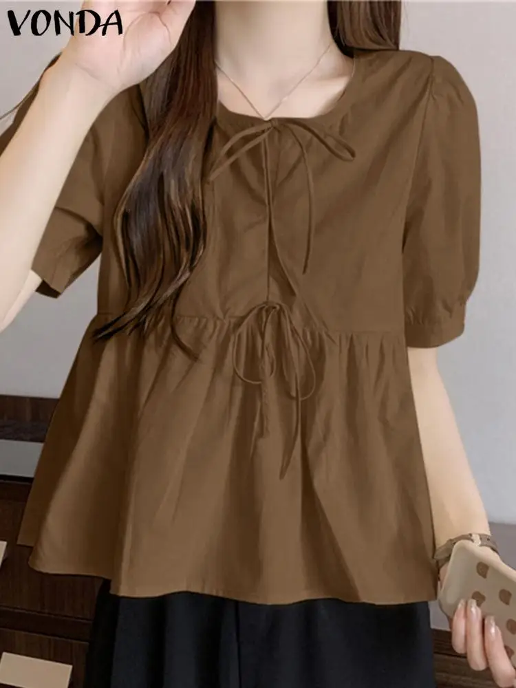 

Ruffled Blouse 2024 VONDA Women Fashion Summer Tunic Casual Solid Color Shirts Tops Bandage Loose O-Neck Elegant Blusas Feminina