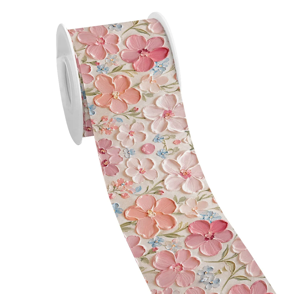 5yards Cute Pattern Oil Painting Flowers Printed Grosgrain Ribbon for Cheer Bows DIY Girl Headwear Hair Bows Satin Ribbon