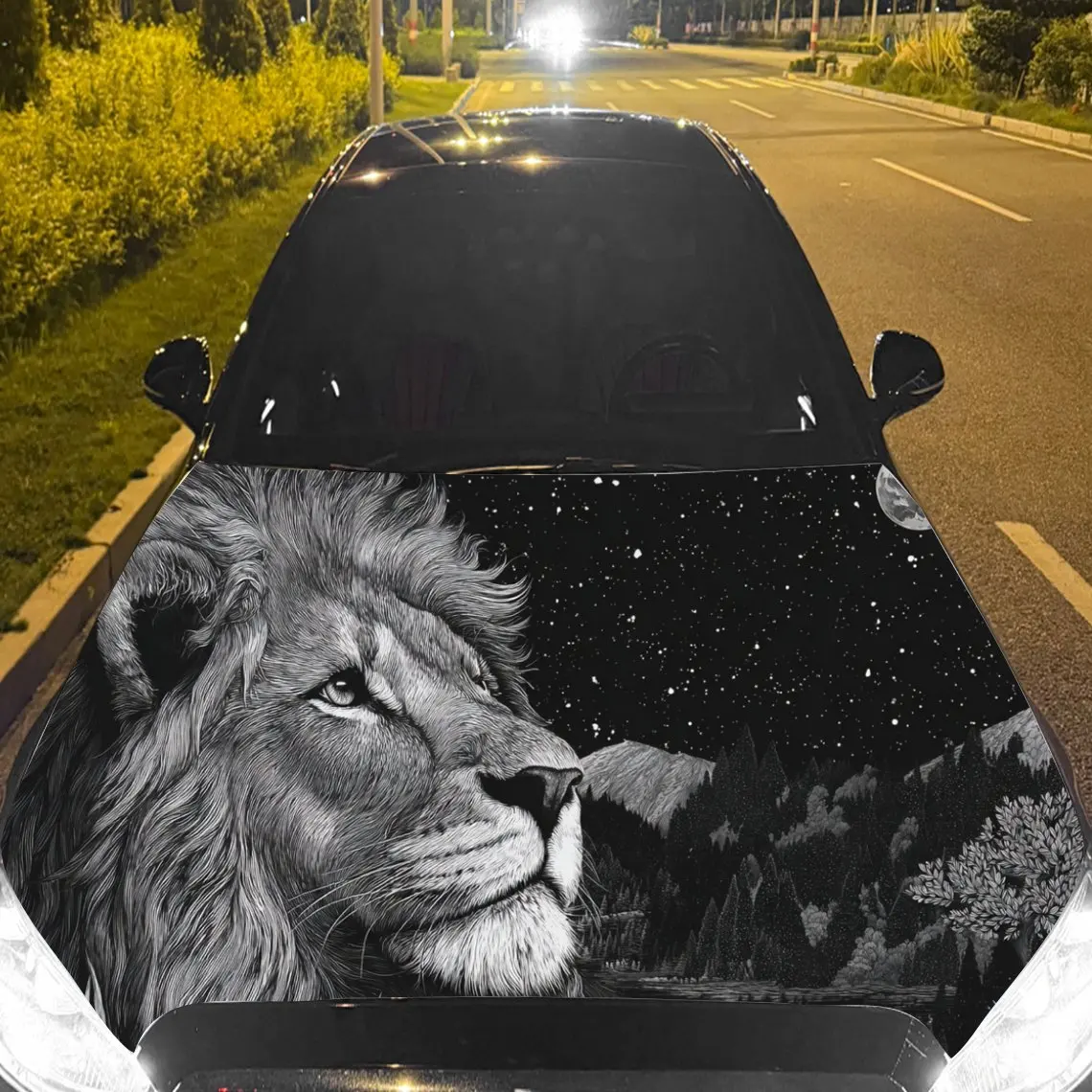 

Car Decals Lion in Starry Night Forest Textured Background & Artistic, Majestic Visual Details Car Hood Sticker, Waterproof Self