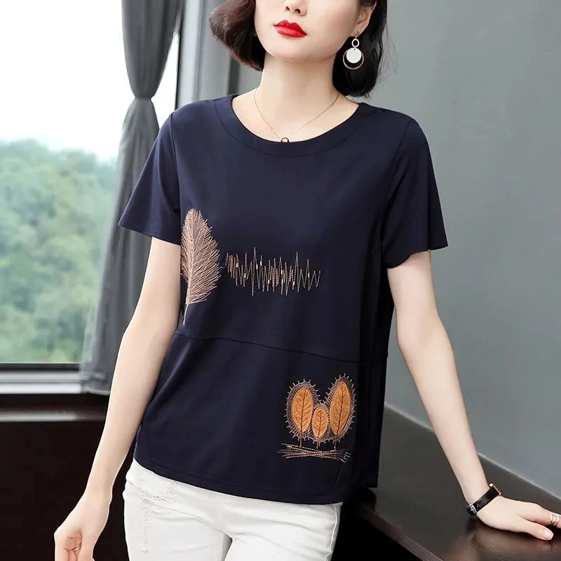 Tee Shirt Femme Embroidery T Shirt Women 2024 New Summer Short Sleeve Ladies Tops Fashion Clothing T-Shirt Cotton Tshirt Female