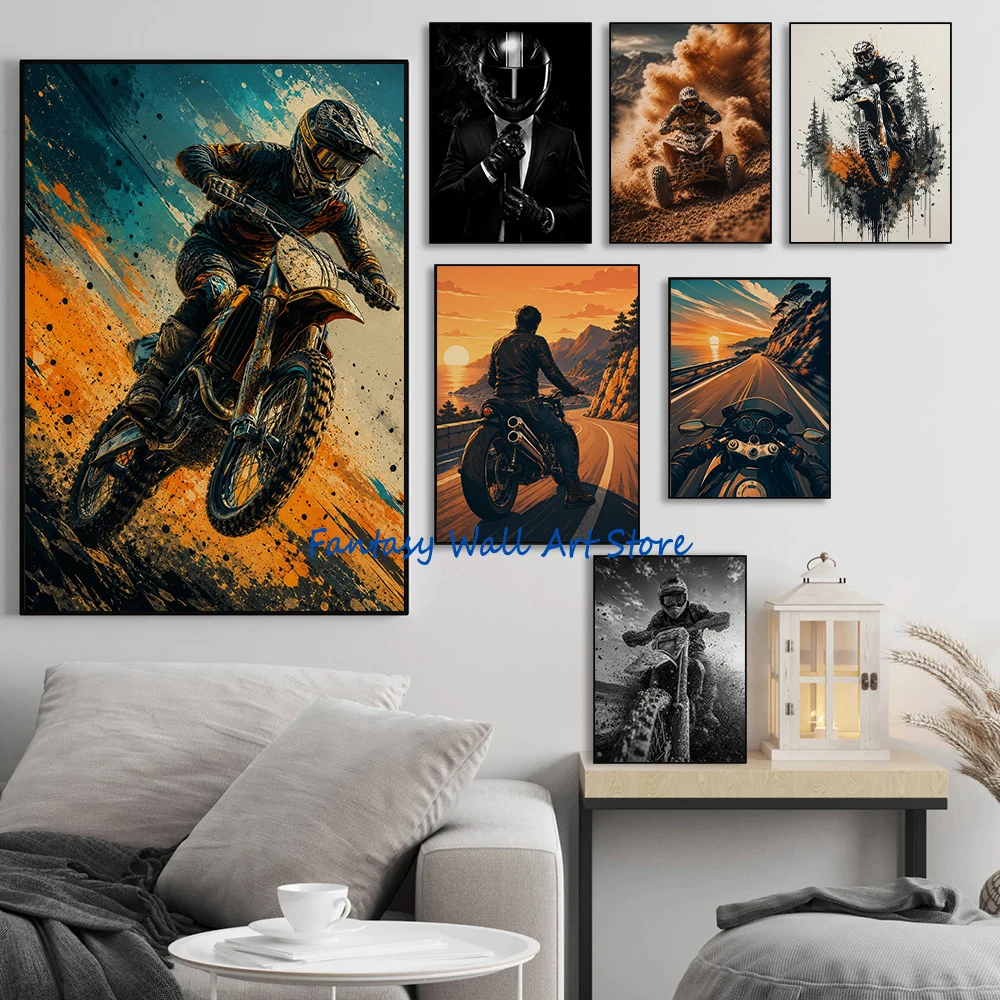 Motocross Motorcycle Motorbike Poster Off Road Racing Motor Bike Photos Art Poster Mud Biker Wall Pictures Canvas Painting Decor