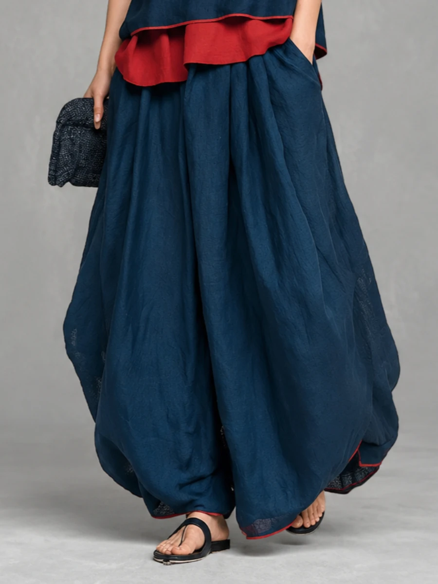 Modigirl Women Navy Blue Contrast Trim Elastic Waist Harem Pants 2026 Stylish Loose Baggy Wide Leg Casual Vintage Trousers