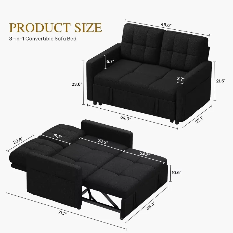 Modern 3-in-1 convertible double sofa with pull-out bed and living room adjustable linen futon sofa